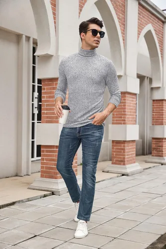 Vista 5 de HiMONE Camisas de cuello alto para hombre, ligeras, de manga larga, cuello de tortuga, acanaladas, térmicas, tallas S-XXL