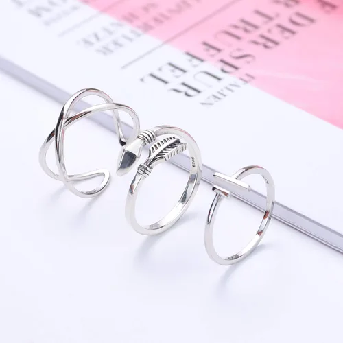 Vista 5 de Fiasaso Juego de 3 anillos apilables de plata de ley 925 abiertos y ajustables para mujeres y hombres minimalistas en X con flechas cruzadas