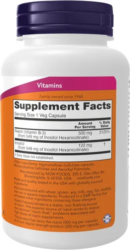 Vista 2 de NOW Foods Suplementos, Niacina (Vitamina B-3) 500 mg, Sin Enrojecimiento, Doble Fuerza, Salud Nutricional, 90 Cápsulas Vegetales