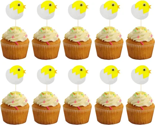 Vista 2 de ABOOFAN 48 piezas de decoración para cupcakes de pollito, adorables, decoración de Pascua de cumpleaños, decoración de ducha, comida, fiesta, postre