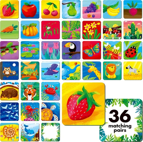 Vista 15 de Hebayy 36 pares de tarjetas flash de dibujos animados a juego de animales borrables (72 unidades, cada una mide 2 x 2 pulgadas)