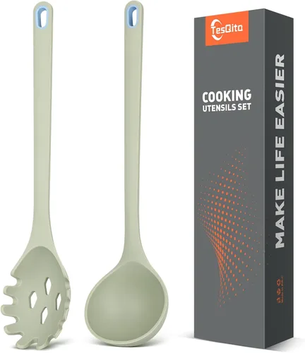 Vista 12 de Juego de 2 utensilios de cocina de silicona para espaguetis y cucharón de Negro