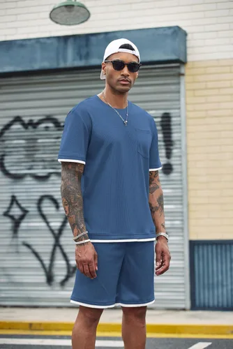 Vista 30 de COOFANDY Conjunto de camisa y pantalones cortos de gofre para hombre, conjunto de 2 piezas, conjunto casual de verano con bolsillos