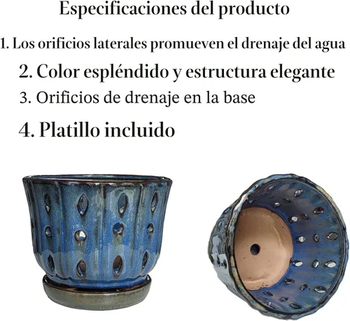 Vista 4 de Maceta redonda de orquídea de cerámica de 6 pulgadas con agujeros (azul oscuro)