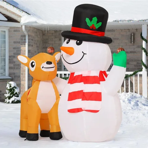Vista 4 de COMIN Muñeco de nieve navideño inflable de 5.2 pies para decoraciones al aire libre, muñeco de nieve reno inflable con LEDs integradas