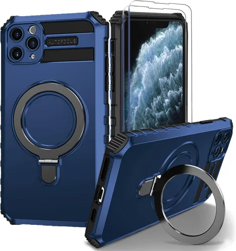 Vista 15 de Funda magnética para iPhone 11 [compatible con MagSafe] con 2 protectores de pantalla de vidrio templado con soporte de anillo, grado militar Azul