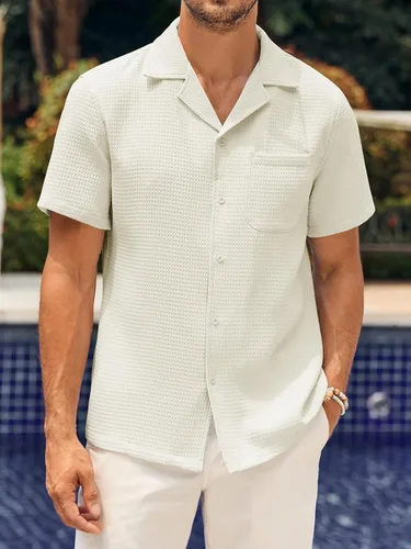 Vista 2 de Camisa de manga corta con botones para hombre, ajuste holgado, cubana, verano, playa, lisa