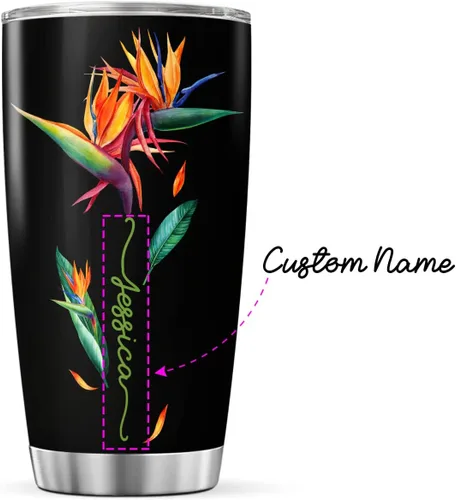Vista 2 de CUBICER Vaso personalizado con diseño de pájaro del paraíso con tapa, nombre personalizado, regalos de Navidad para mujeres, amantes de las flores