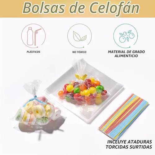 Vista 6 de Brandon-super 200 PZS Bolsas de Celofán Transparente de 4 x 4 pulgadas, Bolsas Transparentes para Dulces con Lazos para Bolsas de Galletas, Bolsa
