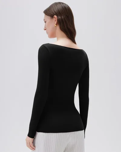 Vista 5 de SUUKSESS - Blusa de manga larga ajustada con cuello barco para mujer, de cachemira como las nubes Negro