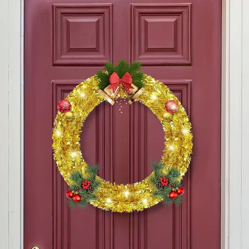 Vista 8 de Guirnalda de oropel dorada de Navidad de 50 pies, guirnalda metálica brillante con diseño de oropel colgante para adornos de árbol de Navidad