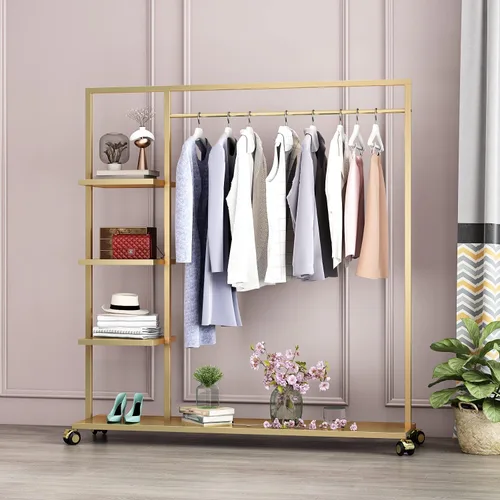 Vista 2 de Percheros dorados con estante, para boutiques minoristas, estantes de ropa dorados, múltiples usos, resistente para colgar barras para el hogar