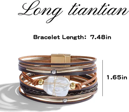 Vista 7 de Long tiantian Pulsera de cuero con perlas barrocas, pulsera bohemia, magnífica pulsera de tubo de oro, regalo de joyería para mujeres, adolescentes