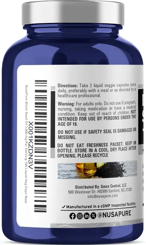 Vista 2 de NusaPure Aceite de semilla negra 1,000 mg por porción 180 cápsulas de cápsulas blandas (sin OMG, vegetariano) virgen prensado en frío Nigella