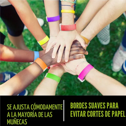 Vista 5 de Paquete variado de 100 pulseras Tyvek de Wristco – ¾ x 10 pulgadas, impermeables, reciclables, cómodas, resistentes a desgarros, pulseras de papel