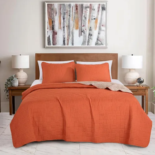 Vista 9 de ESCA Fawda - Juego de colcha acolchada reversible de 3 piezas con 2 fundas de almohada, tamaño King/Cal King