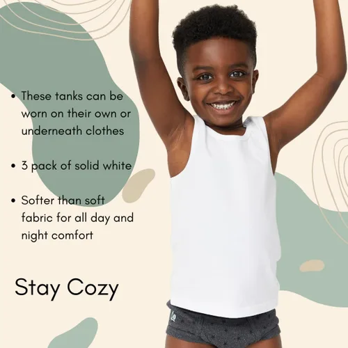 Vista 5 de Feathers Camiseta sin mangas blanca para niños, 100% algodón, sin etiquetas, paquete de 3