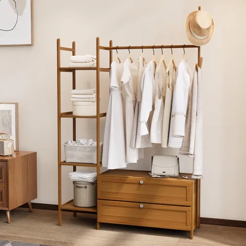 Vista 16 de Perchero de Ropa de Bambú, Perchero con Cajones y Estantes, Estantes de Almacenamiento de 5 Niveles con 6 Ganchos para Colgar, Armario Closet