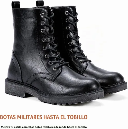Vista 4 de Vepose Botas militares de combate para mujer, botas planas de tobillo en negro, con cremallera interior, estilo 925 Flat Short Round Toe Boots, Side
