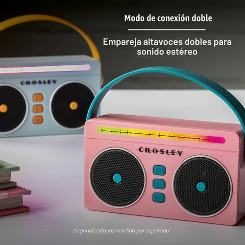 Vista 5 de Crosley CR3050A-FG Mini Boombox Altavoz Bluetooth Portátil Retro con Luces LED, Flamingo Bluetooth In, 5 Color-Changing Light Modes, LED Lights