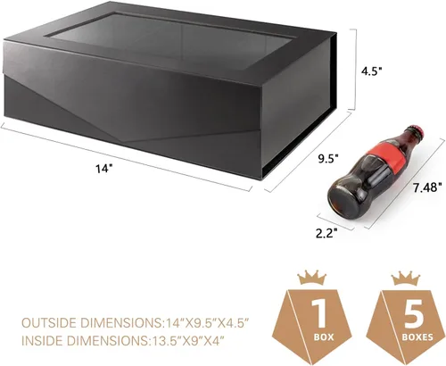 Vista 5 de PACKQUEEN Caja de regalo grande negra con ventana, 13.5 x 9 x 4.1 pulgadas, caja de regalo transparente para regalo, contiene cinta, tarjeta, caja