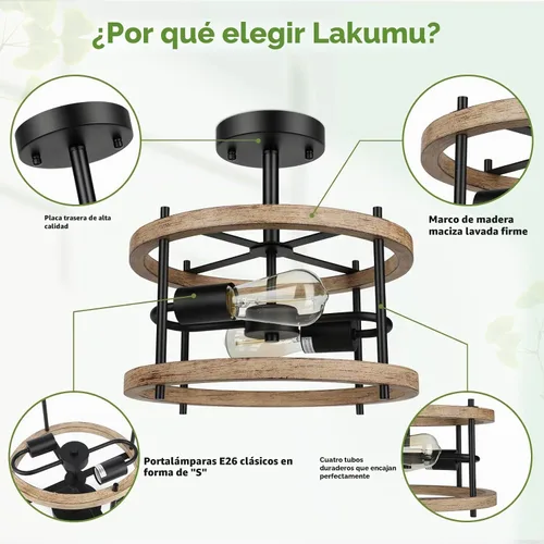 Vista 4 de Lámpara de techo semiempotrada de 2 luces, lámpara de techo de madera vintage