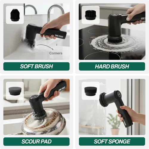 Vista 3 de SonicPower Limpiador eléctrico giratorio – De mano y ergonómico, IPX7 impermeable, 4 cabezales de cepillo multiusos, batería recargable de larga