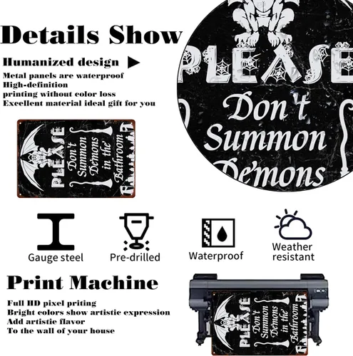 Vista 2 de Letrero de metal vintage de Halloween con texto en inglés "Please Do Not Summon Demons in the Bath" (Por favor, no convocar demonios en el baño)