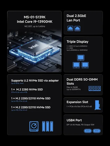Vista 3 de MINISFORUM MS-01-S139K Mini PC Workstation Barebone Intel Core i9-13900HK