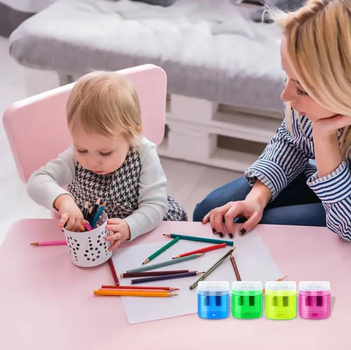 Vista 5 de Paquete de 12 sacapuntas manuales para la escuela, oficina, hogar, aula, lápices de colores con doble agujero, con tapa para niños, sacapuntas