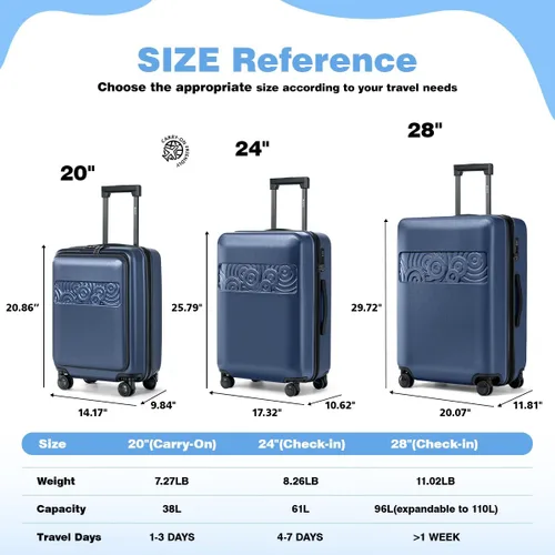 Vista 2 de Krute Equipaje de mano con compartimento de bolsillo ABS PC Hard Shell Maletas con ruedas, Azul marino