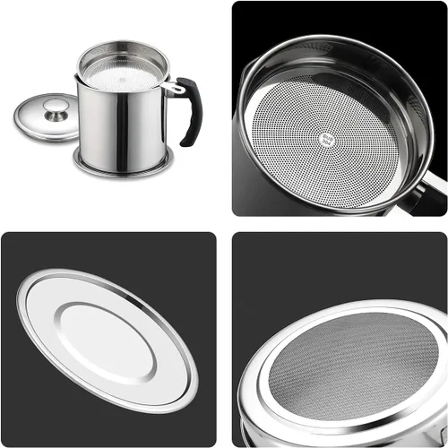 Vista 6 de Contenedor de grasa con filtro de malla fina olla tanque de almacenamiento de aceite de cocina (1.8 L plateado)