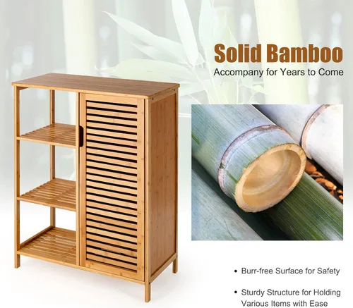 Vista 7 de Tangkula Gabinete de baño de bambú, armario de almacenamiento con puerta de persiana y estantes de 3 niveles, gabinete de baño independiente