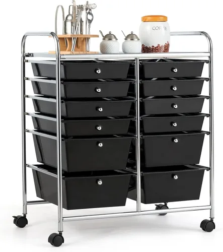 Vista 29 de COSTWAY Carrito de almacenamiento rodante con 4 cajones, carrito de almacenamiento de plástico y organizador con 4 cajones extraíbles, carrito