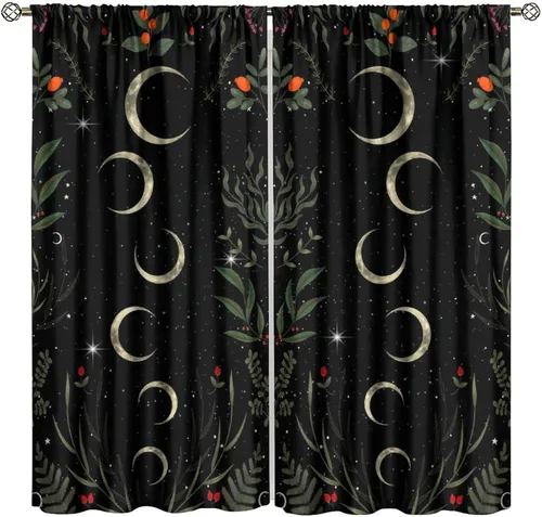 Vista 25 de Cortinas retro de luna, bosque mágico con hojas iluminadas por la luna, cortinas de plantas, diseño gótico floral de cielo estrellado para ventana