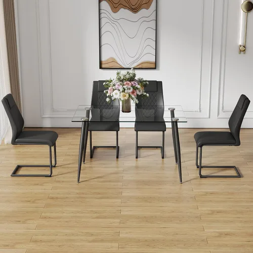 Vista 9 de Baysitone Mesa de comedor de cristal para 4 personas con tapa de vidrio rectangular transparente de 51 pulgadas, muebles de cocina de vidrio Negro