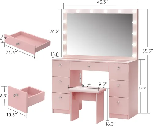 Vista 2 de VOWNER Tocador con espejo iluminado: escritorio de maquillaje con parte superior de vidrio con 7 cajones y toma de corriente, 3 modos de iluminación