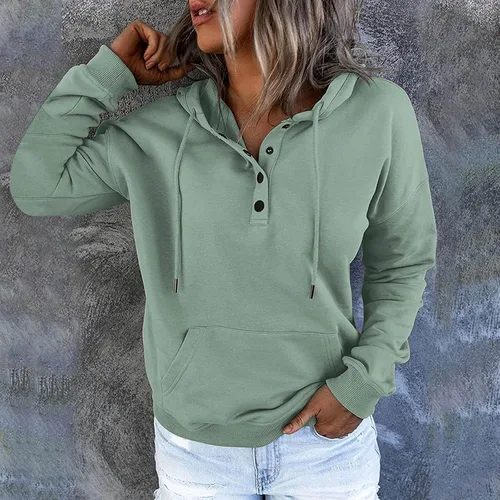 Vista 2 de Sudaderas casuales con botones para mujer, de gran tamaño, para otoño e invierno, con bolsillos, cordón y manga larga