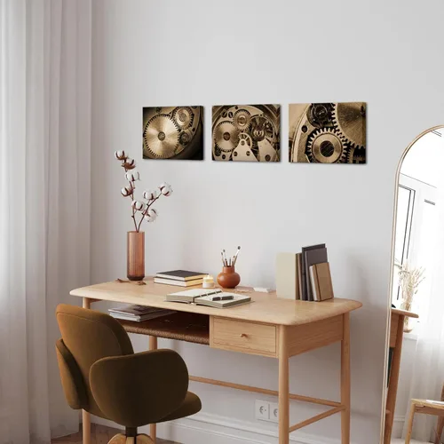 Vista 3 de LyerArtork 3 piezas de arte de pared con motores industriales steampunk, impresiones en lienzo con ruedas de engranajes retro sepia, obras de arte