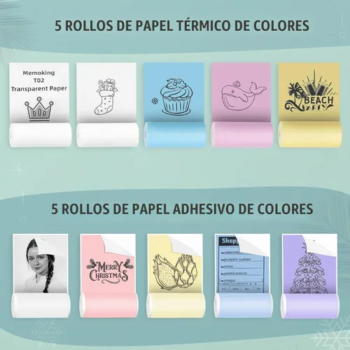 Vista 2 de Mini impresora Bluetooth de bolsillo - Impresora térmica portátil con 10 rollos de papel para diario/álbum de recortes