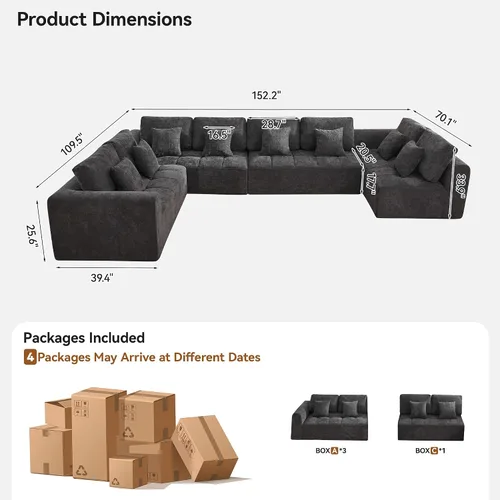 Vista 108 de Sofás seccionales modulares de 110 pulgadas para sala de estar, sofá seccional comprimido sin hueso, sofá de espuma viscoelástica tapizado de 3 Beige
