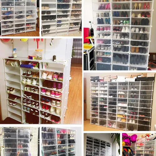 Vista 7 de DYRABREST Zapatero portátil cerrado, 72 pares de armarios de zapatos, organizador de zapatos de plástico blanco con puerta transparente, zapatero