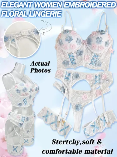 Vista 3 de popiv Conjunto de lencería floral para mujer, brasier y calzón con liguero de encaje, Blanco