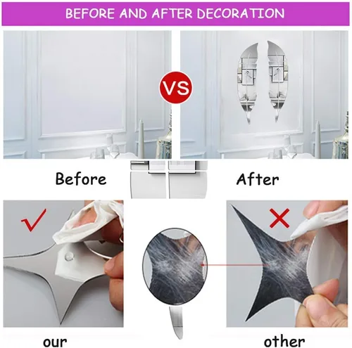 Vista 14 de SITAKE Adhesivos decorativos de pared de espejo acrílico 3D, 11.8 x 49.2 pulgadas, con forma de plumas, calcomanías de arte de pared autoadhesivas
