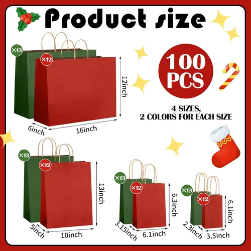 Vista 2 de Tenceur 100 bolsas de regalo de Navidad rojas y verdes, bolsas de papel kraft con asas, regalo de vacaciones para boda, baby shower, despedida