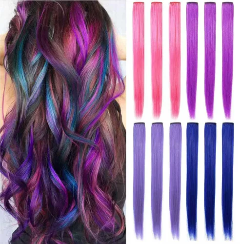 Vista 14 de 12 extensiones de cabello azul con clip en reflejos de 20 pulgadas, extensiones de cabello lacio de color liso con clip para mujer, peluca arcoíris