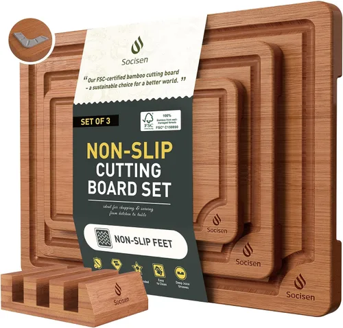 Vista 18 de Tabla de cortar de bambú extra grande con pies antideslizantes y tabla de cortar de madera para cocina con ranura de jugos para carne, verduras