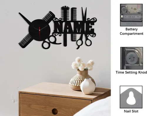 Vista 2 de AIFLM Reloj de pared personalizado para peluquería con texto personalizado, reloj de pared para peluquería, peluquería, reloj de pared, regalo único