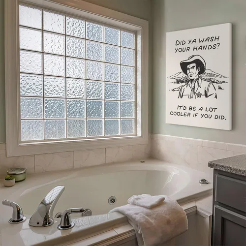 Vista 7 de Cuadros enmarcados de vaquero retro en blanco y negro para la pared de la cocina ¿Lavaste tus manos? Impresiones en lienzo, imágenes divertidas