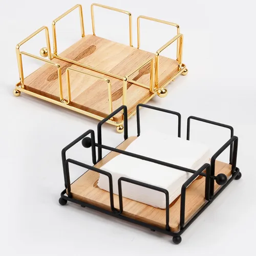 Vista 3 de SOVORM Servilleteros planos de 2 piezas, servilletero de metal con brazo pesado y base de madera, para cocina, mesa de comedor, granja, restaurante
